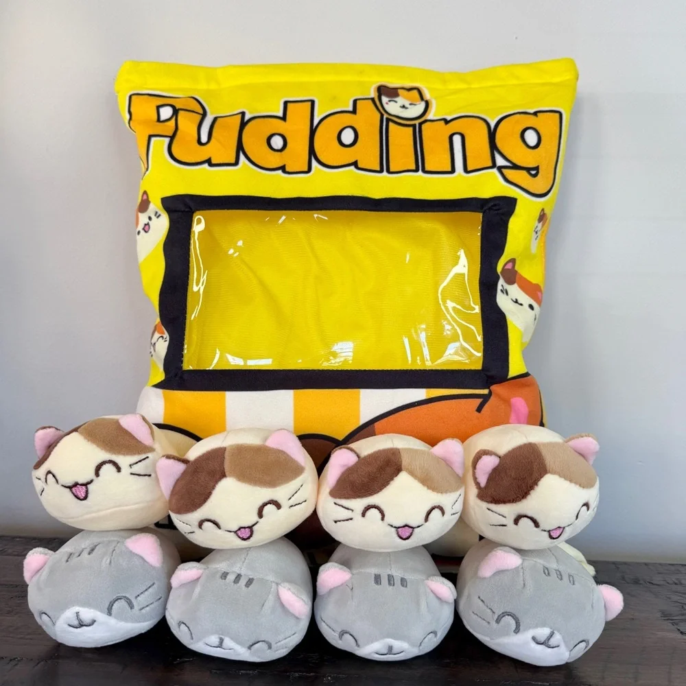 Pudding Cat Kawaii Plush Pillow with 8 Mini Stuffed Kitties Plush Toys